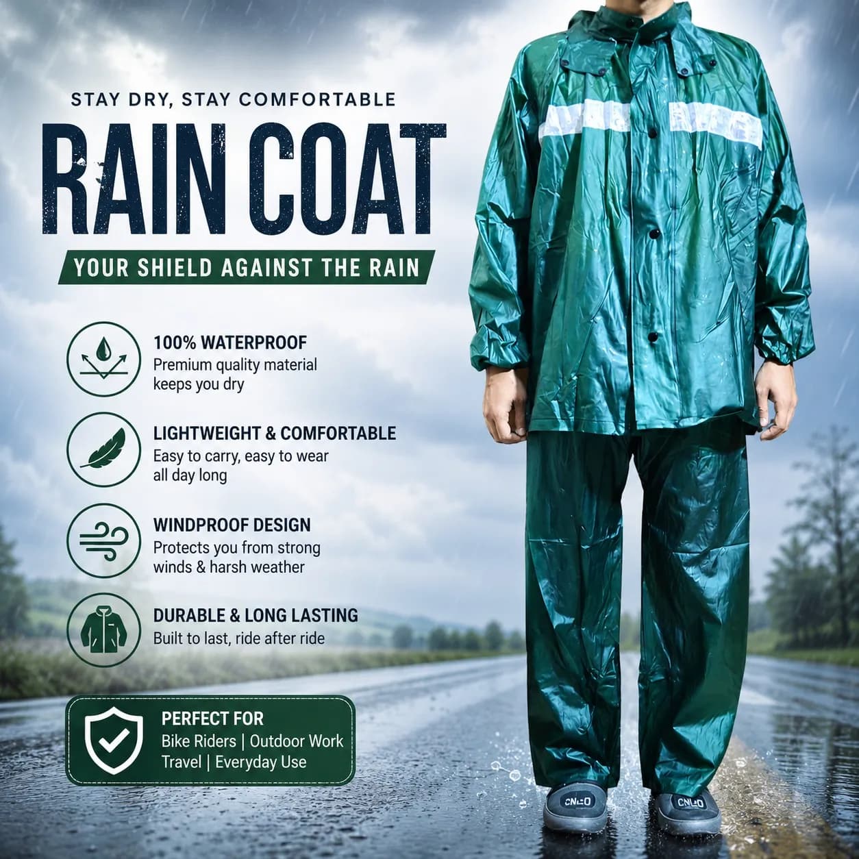 Waterproof rain coat for motorcycle riders